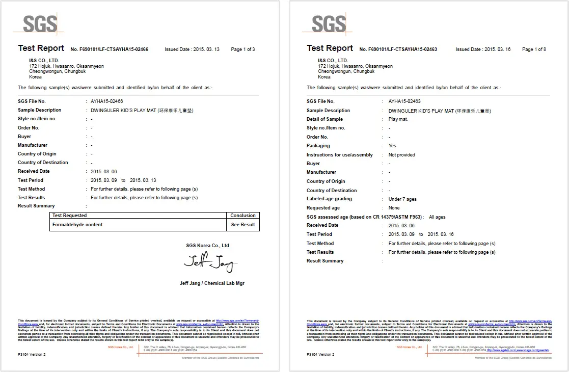 SGS test report pages for Dwinguler playmat safety testing